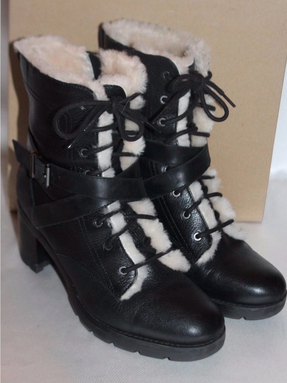 UGG Australia Black Leather Sheepskin INGRID Heeled Ankle Boots Sz 6